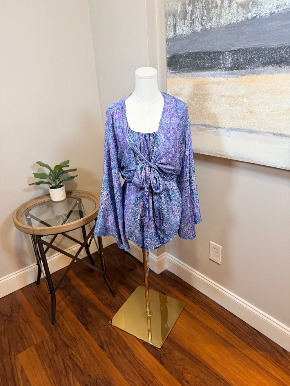 Boho Paisley 3 Piece Set Kimono Tie Top Crop Tank Shorts Purple Blue Festival OS